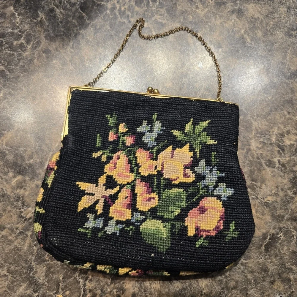 Vintage Jolles Original Needlepoint Tapestry Handbag Purse Floral Design‎